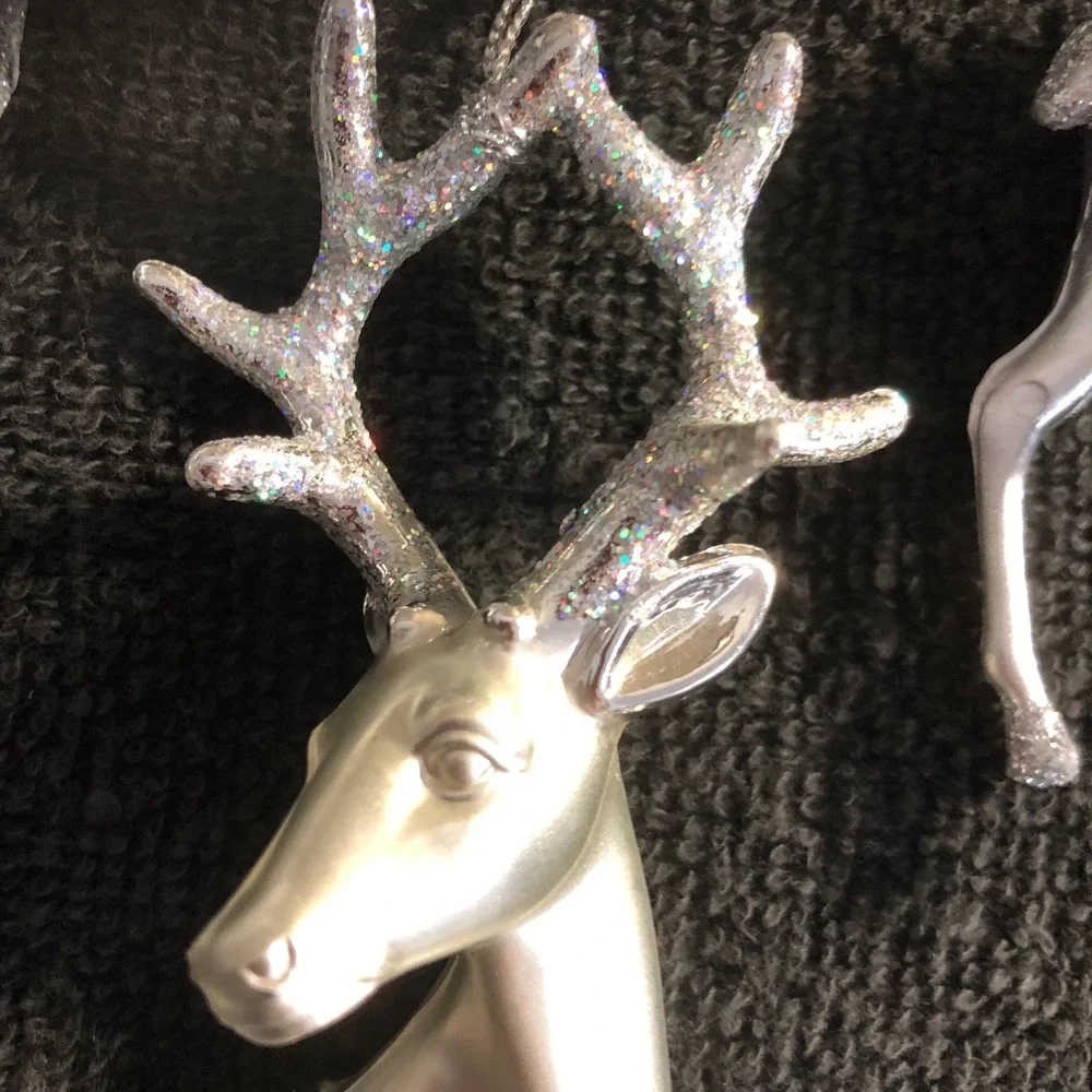 3 ~ Silver Cast Metal Reindeer Ornaments Leaping Prancing Fine Glitter READ